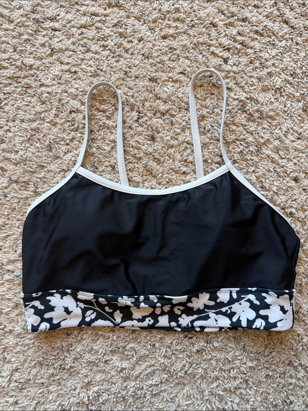 Black Floral-Trim Bralette Swim Top with White Accents